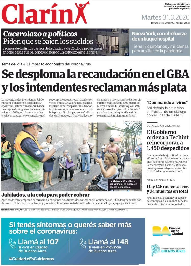 Tapas de diarios, Clarín, martes 31 de marzo de 2020