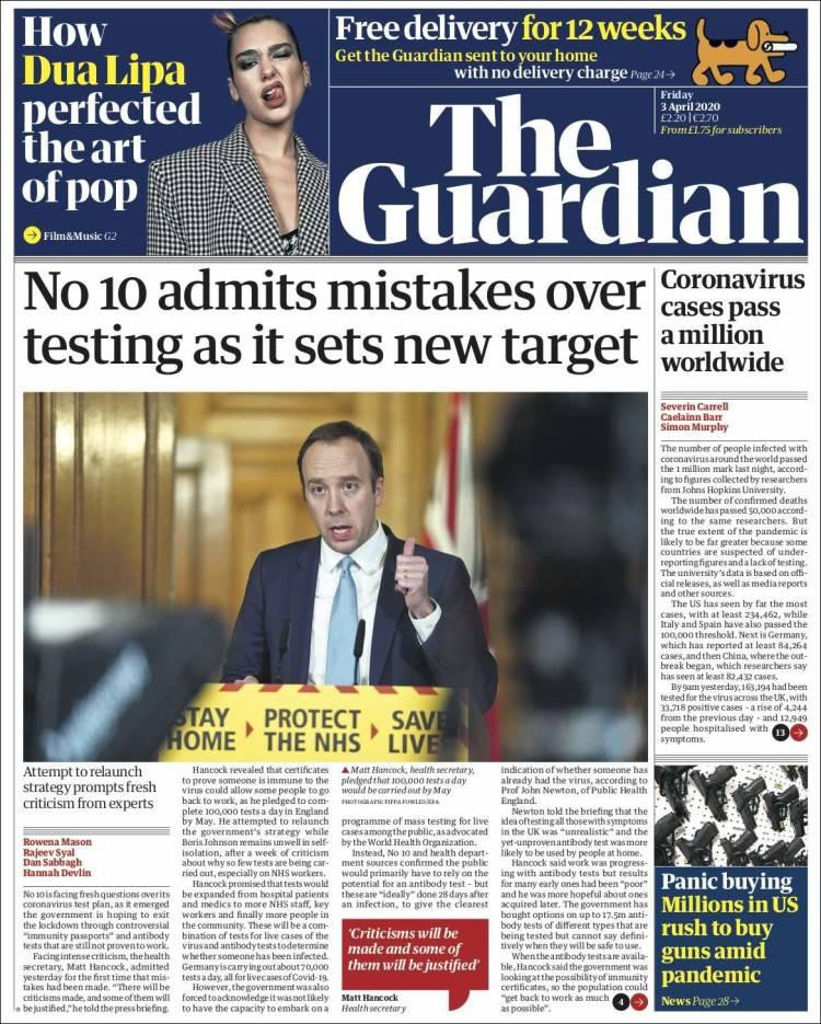 Tapas de diarios, Guardian, viernes 3 de abril de 2020