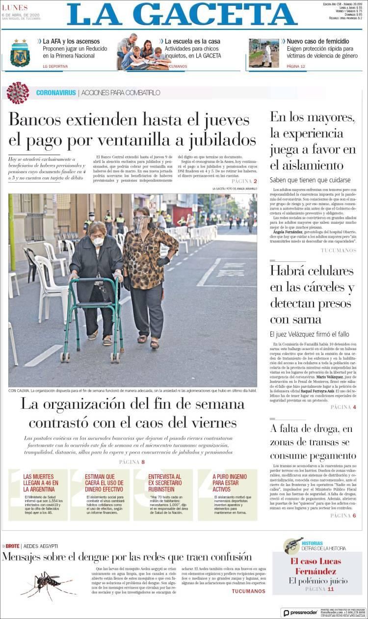 Tapas de diarios, La Gaceta, lunes 6 de abril de 2020