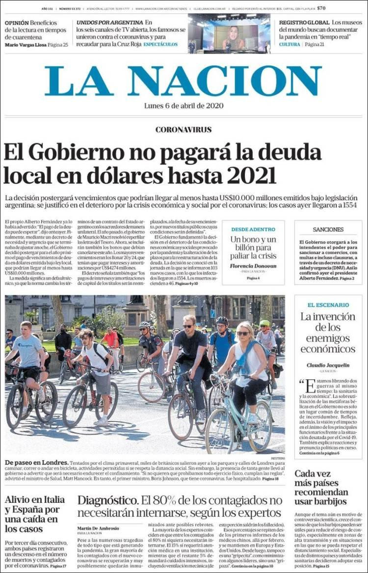 Tapas de diarios, La Nación, lunes 6 de abril de 2020