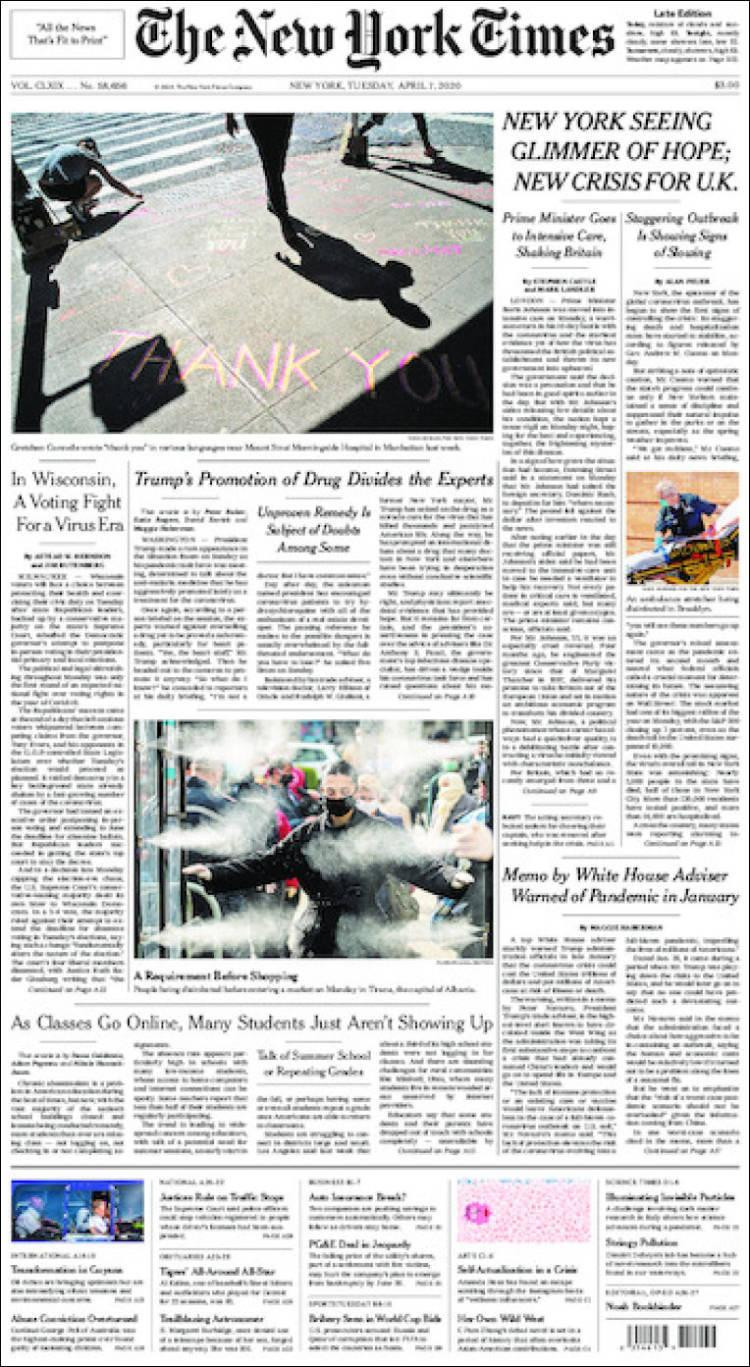 Tapas de diarios, The New York Times, martes 7 de abril de 2020