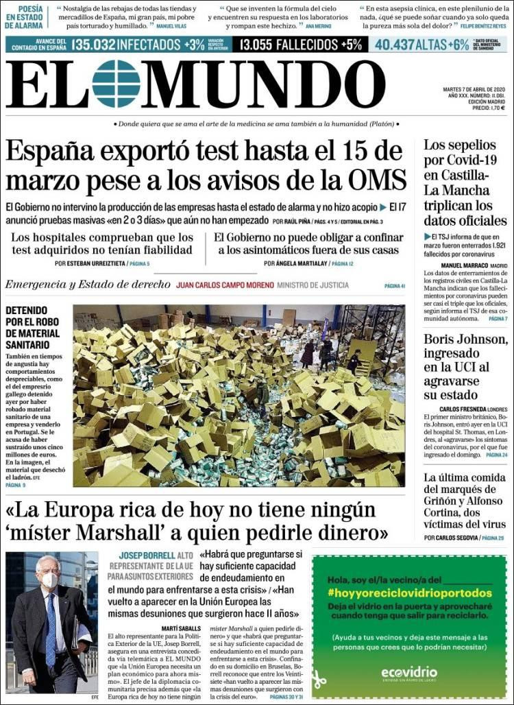 Tapas de diarios, El mundo, martes 7 de abril de 2020