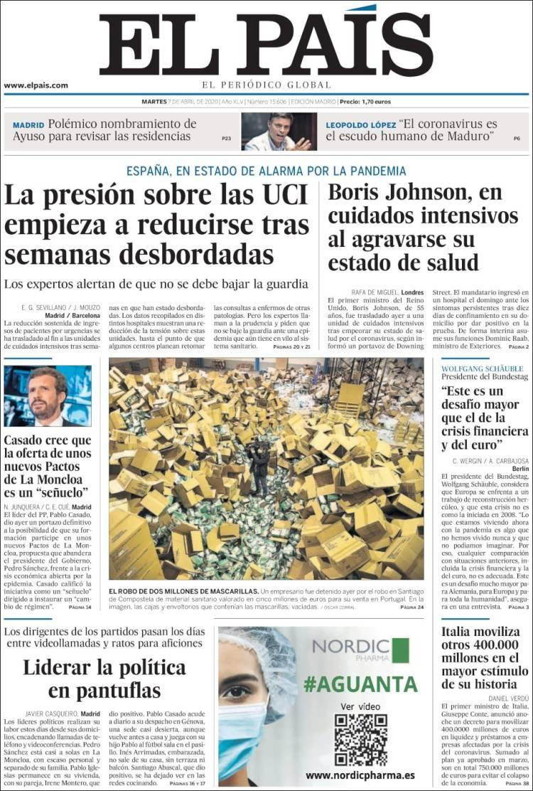 Tapas de diarios, El país, martes 7 de abril de 2020