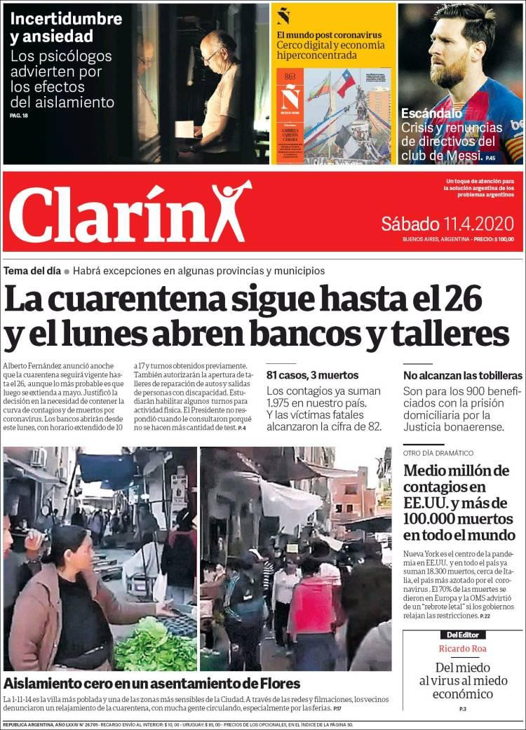 Tapas de diarios, Clarín, sábado 11 de abril de 2020	