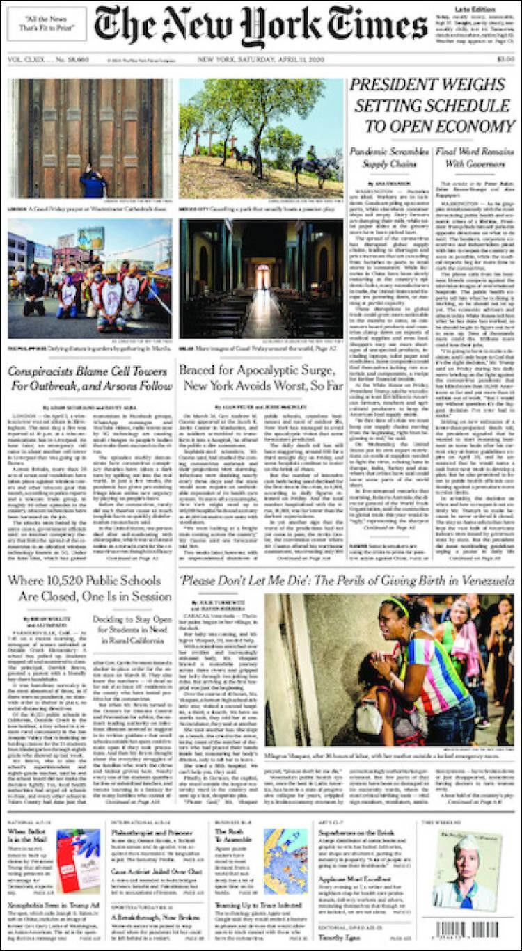 Tapas de diarios, The New York times, sábado 11 de abril de 2020	