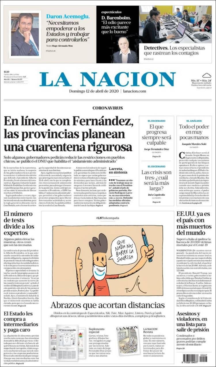 Tapa de diarios, La nación, domingo 12 de abril de 2020|	