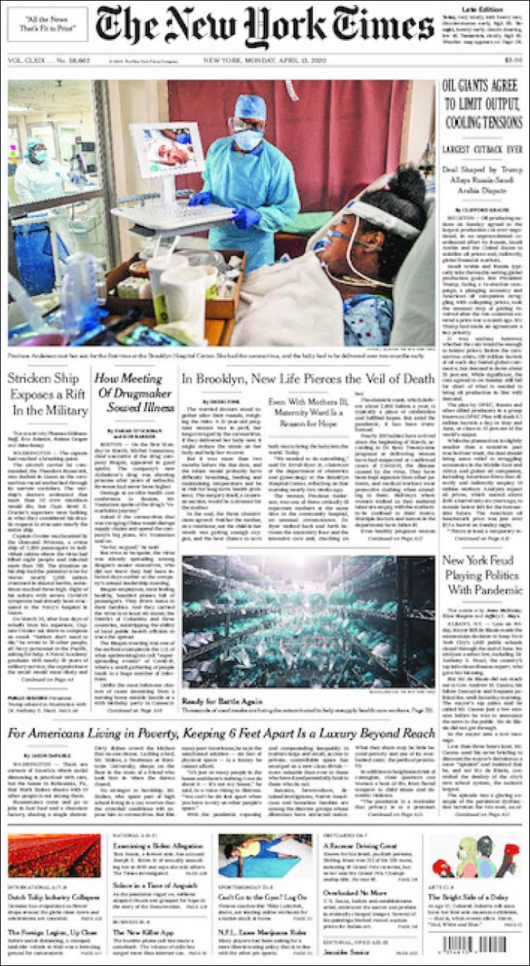 Tapas de diarios, New York Times, lunes 13 de abril de 2020