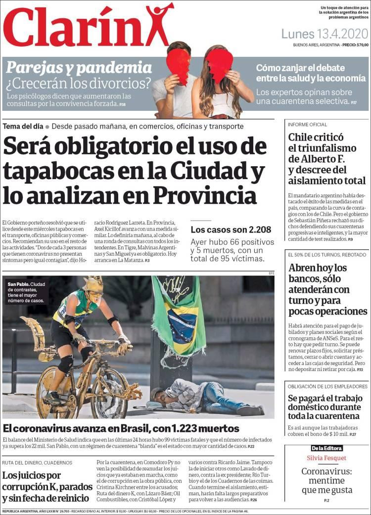 Tapas de diarios, Clarín, lunes 13 de abril de 2020