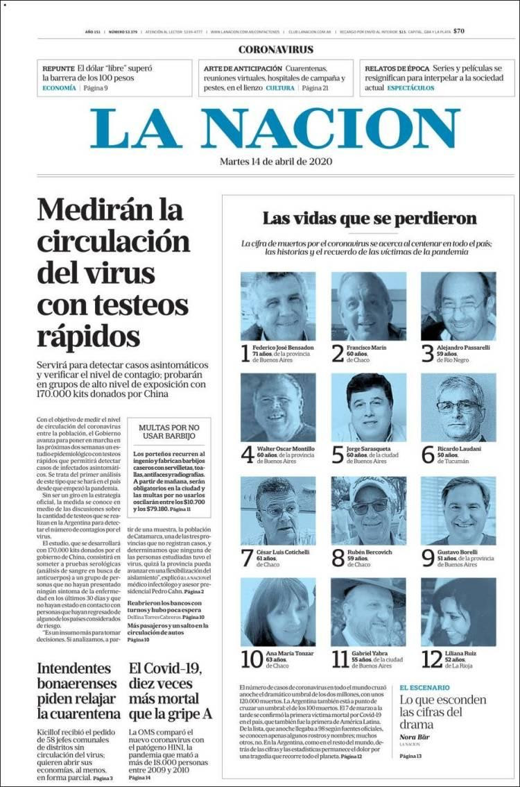 Tapas de diarios, La Nación, martes 14 de abril de 2020