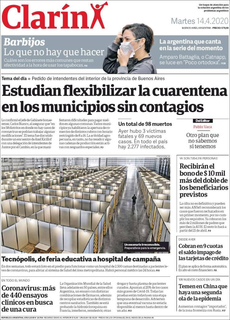 Tapas de diarios, Clarín, martes 14 de abril de 2020