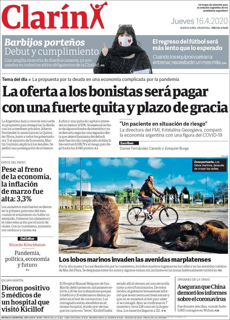 Tapas de diarios, Clarin, jueves 16 de abril de 2020	