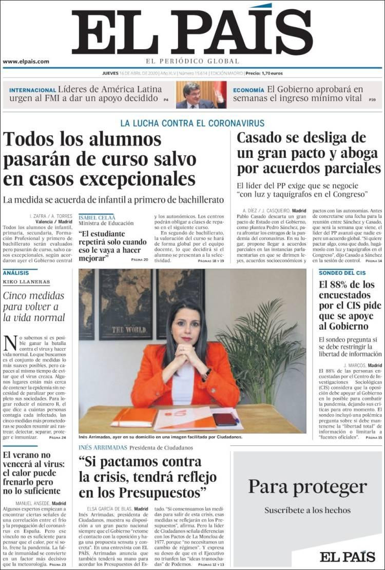 Tapas de diarios, El país, jueves 16 de abril de 2020	