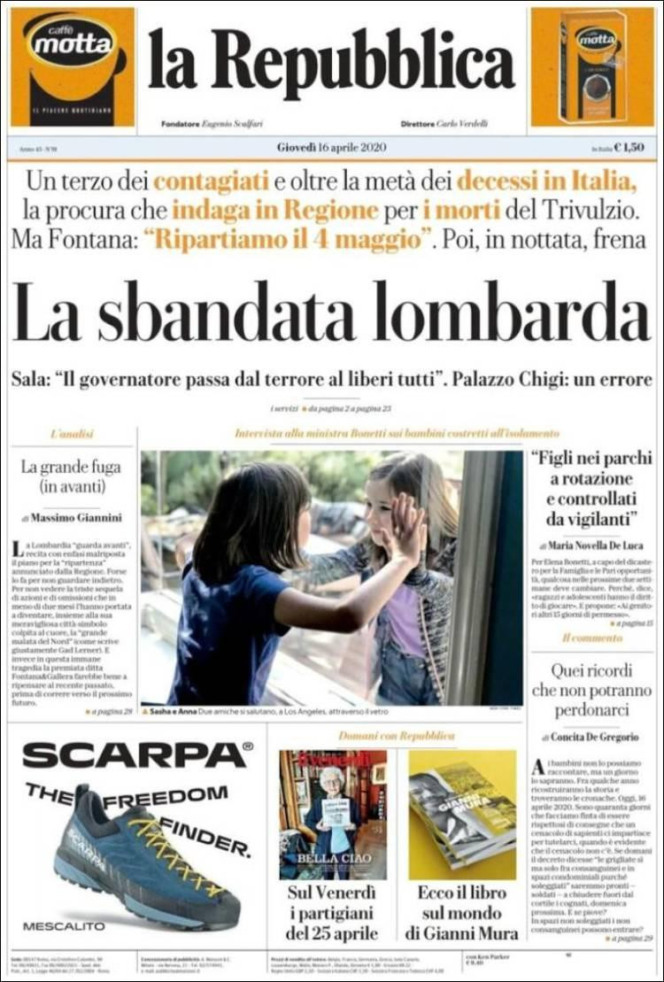 Tapas de diarios, La repubblica, jueves 16 de abril de 2020	