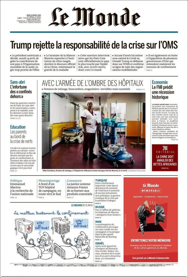 Tapas de diarios, Le monde, jueves 16 de abril de 2020	