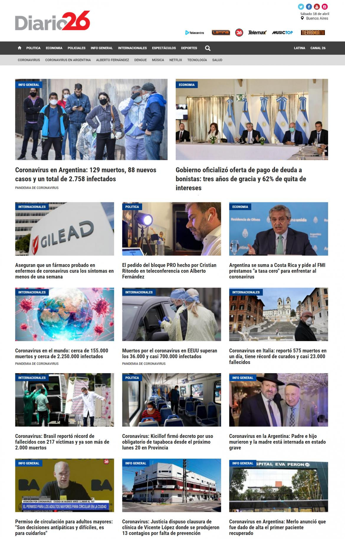 Tapas de diarios, Diario 26, viernes 18 de abril de 2020