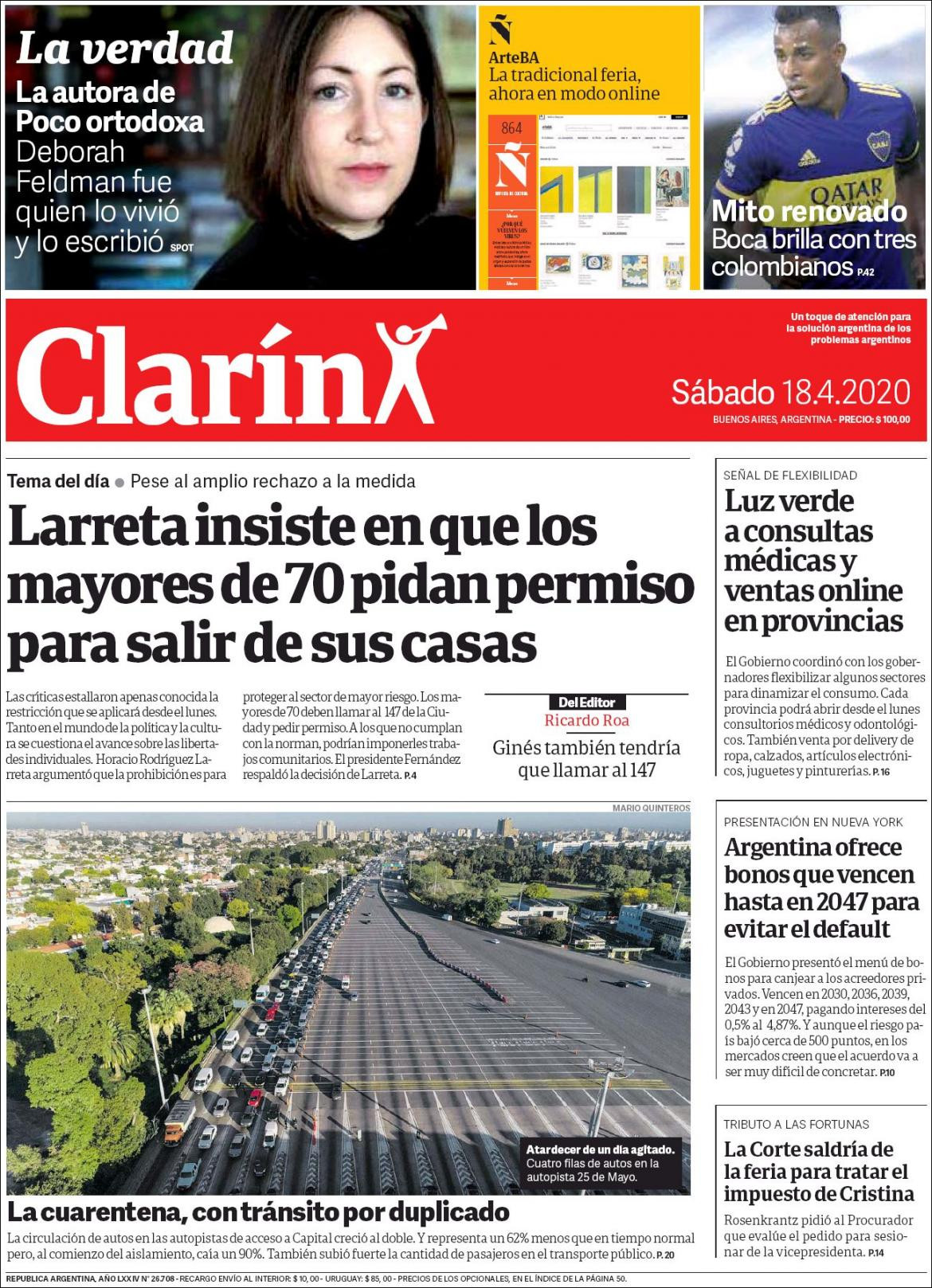 Tapas de diarios, Clarin, sábado 18 de abril