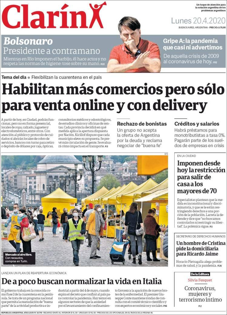 Tapas de diarios, Clarín, lunes 20 de abril de 2020