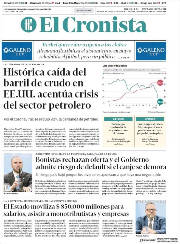 Tapas de diarios, El Cronista, martes 21 de abril de 2020