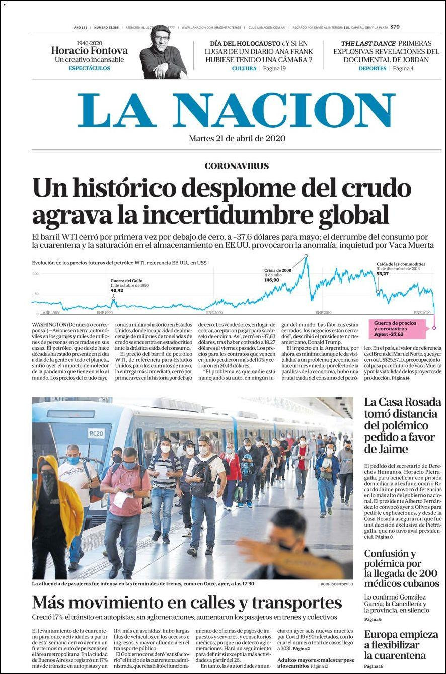 Tapas de diarios, La Nación, martes 21 de abril de 2020