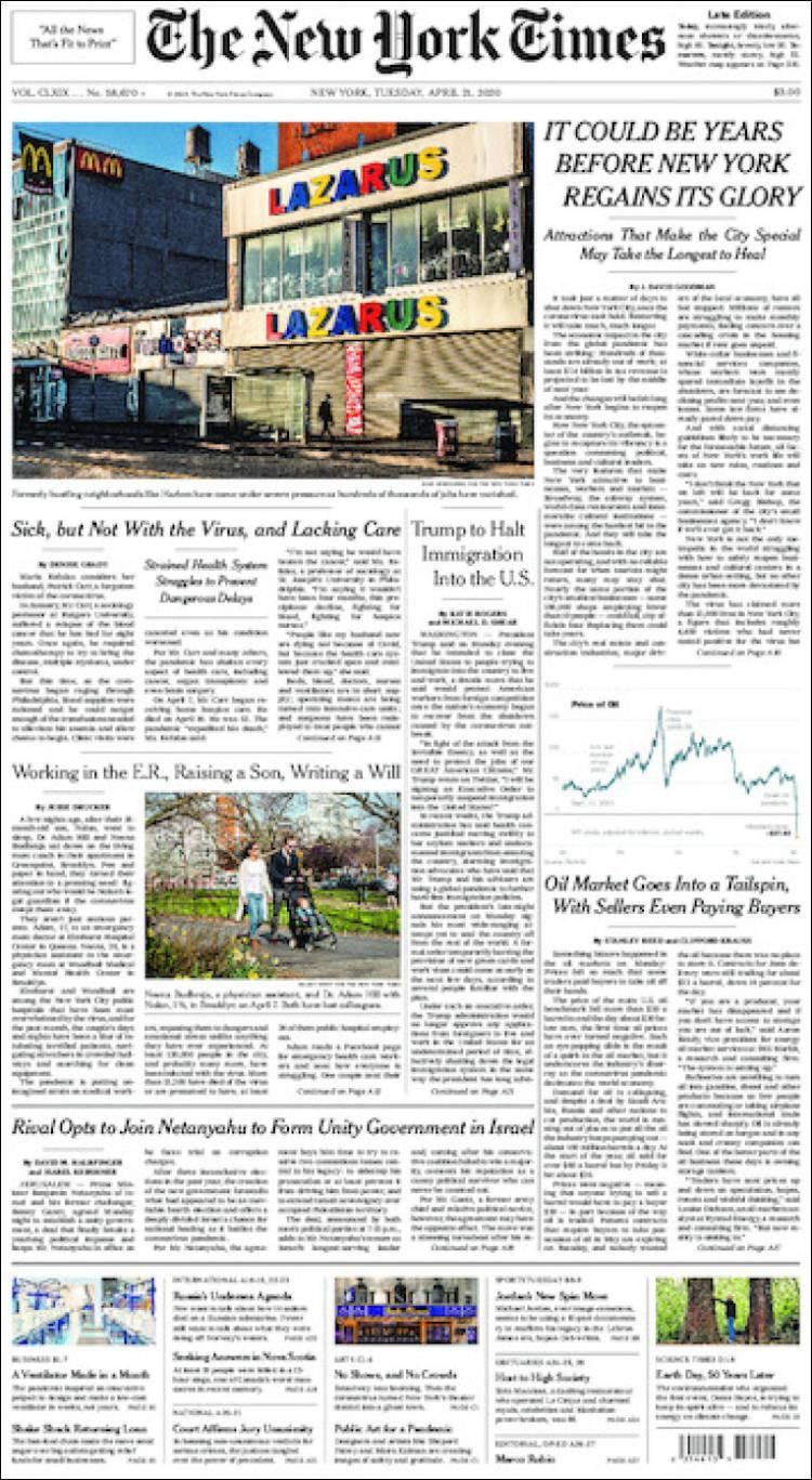 Tapas de diarios, The New York Times de EE.UU, martes 21 de abril de 2020