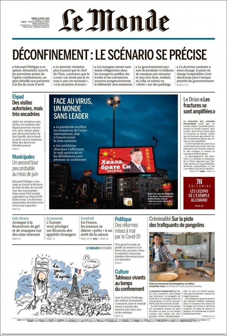 Tapas de diarios, Le Monde de Francia, martes 21 de abril de 2020