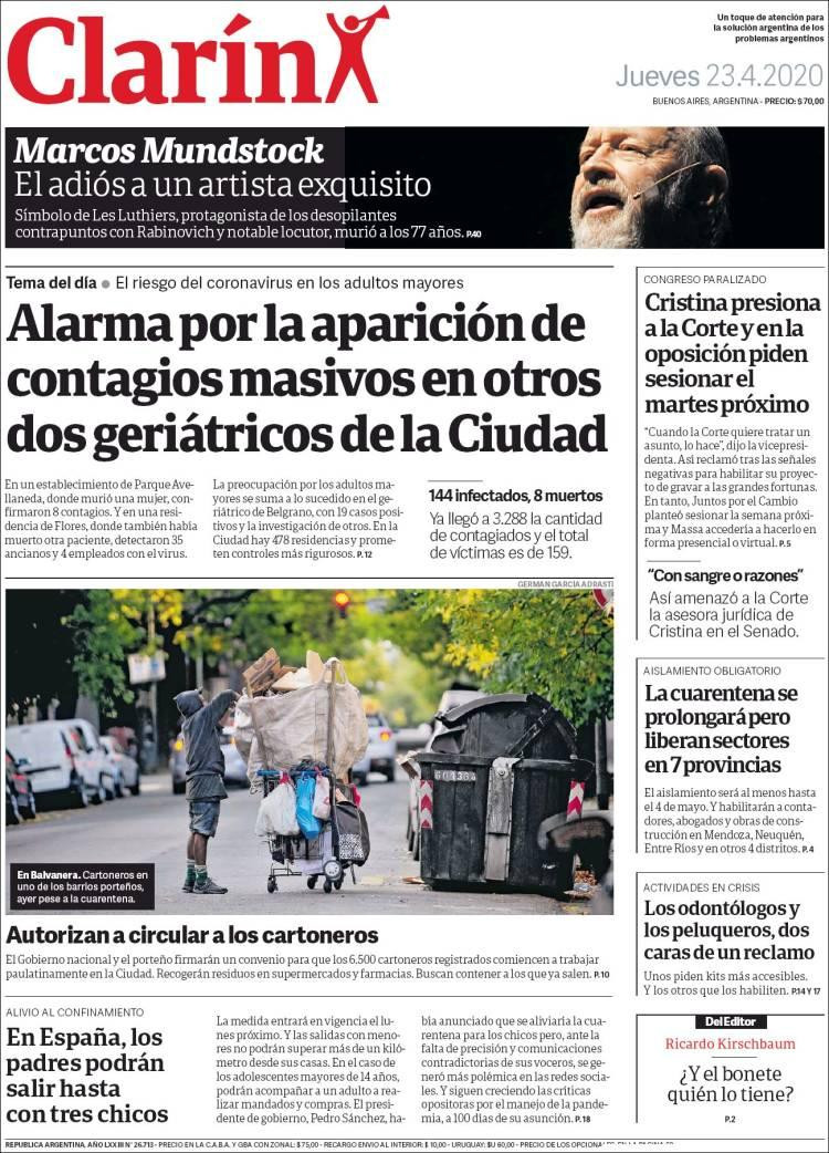 Tapas de diarios, Clarín, jueves 23 de abril de 2020