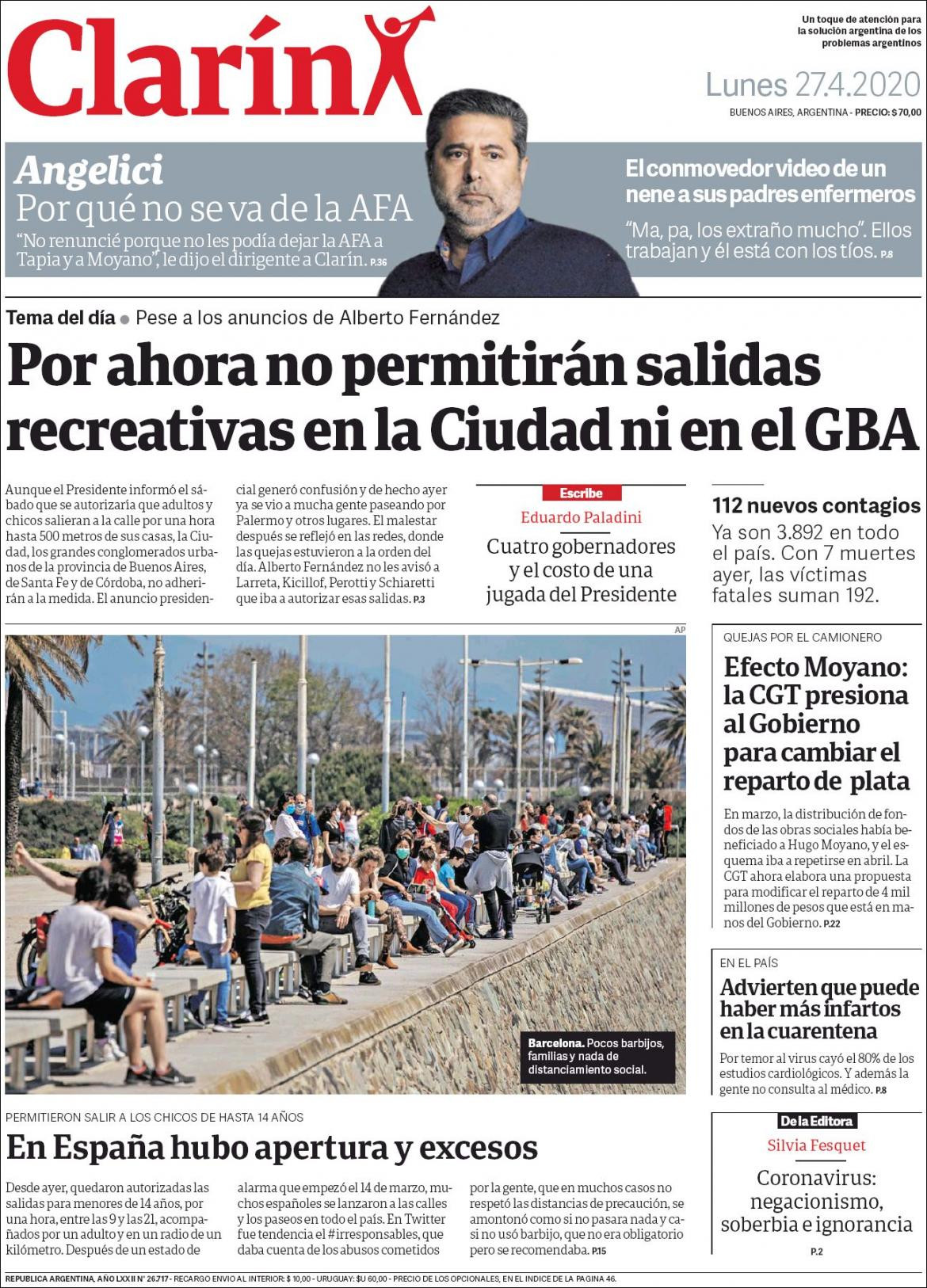 Tapas de diarios, Clarin, lunes 27 de abril de 2020