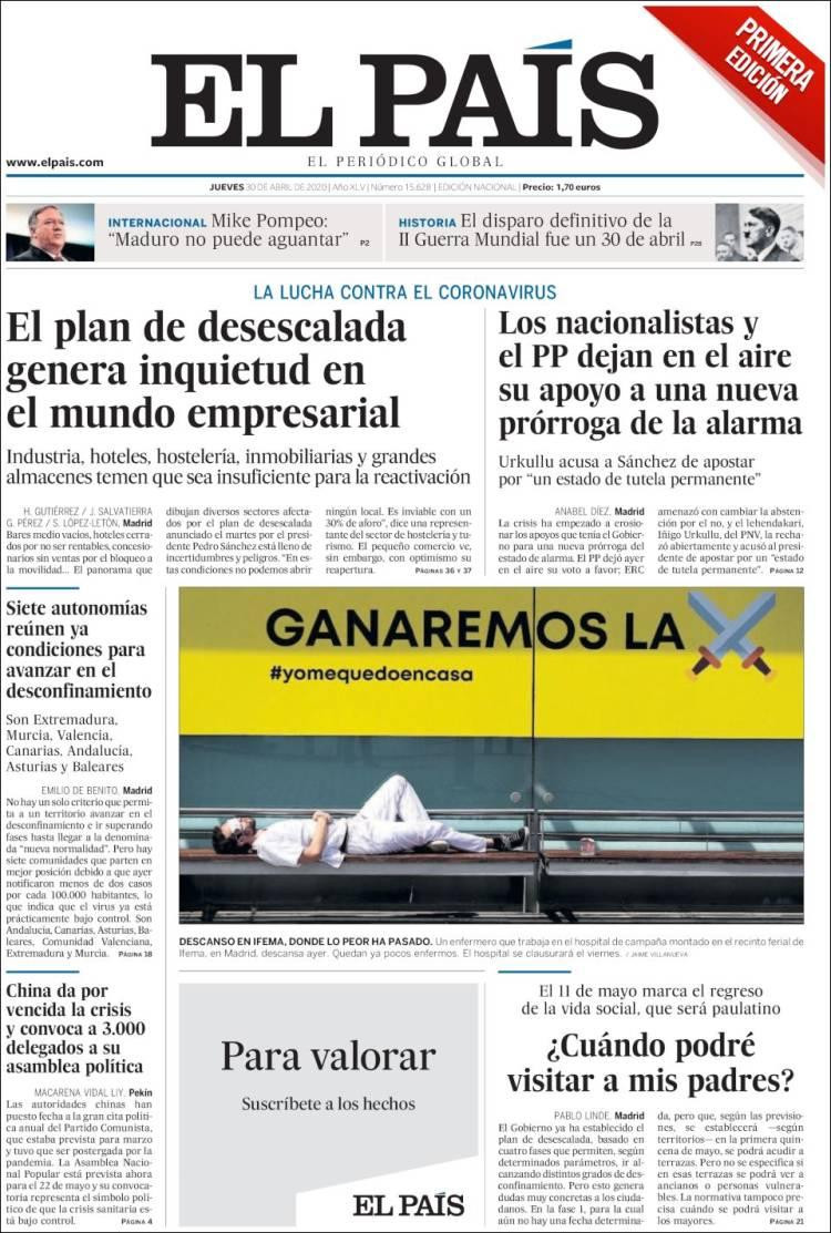 Tapas de diarios, El País, jueves 30 de abril de 2020