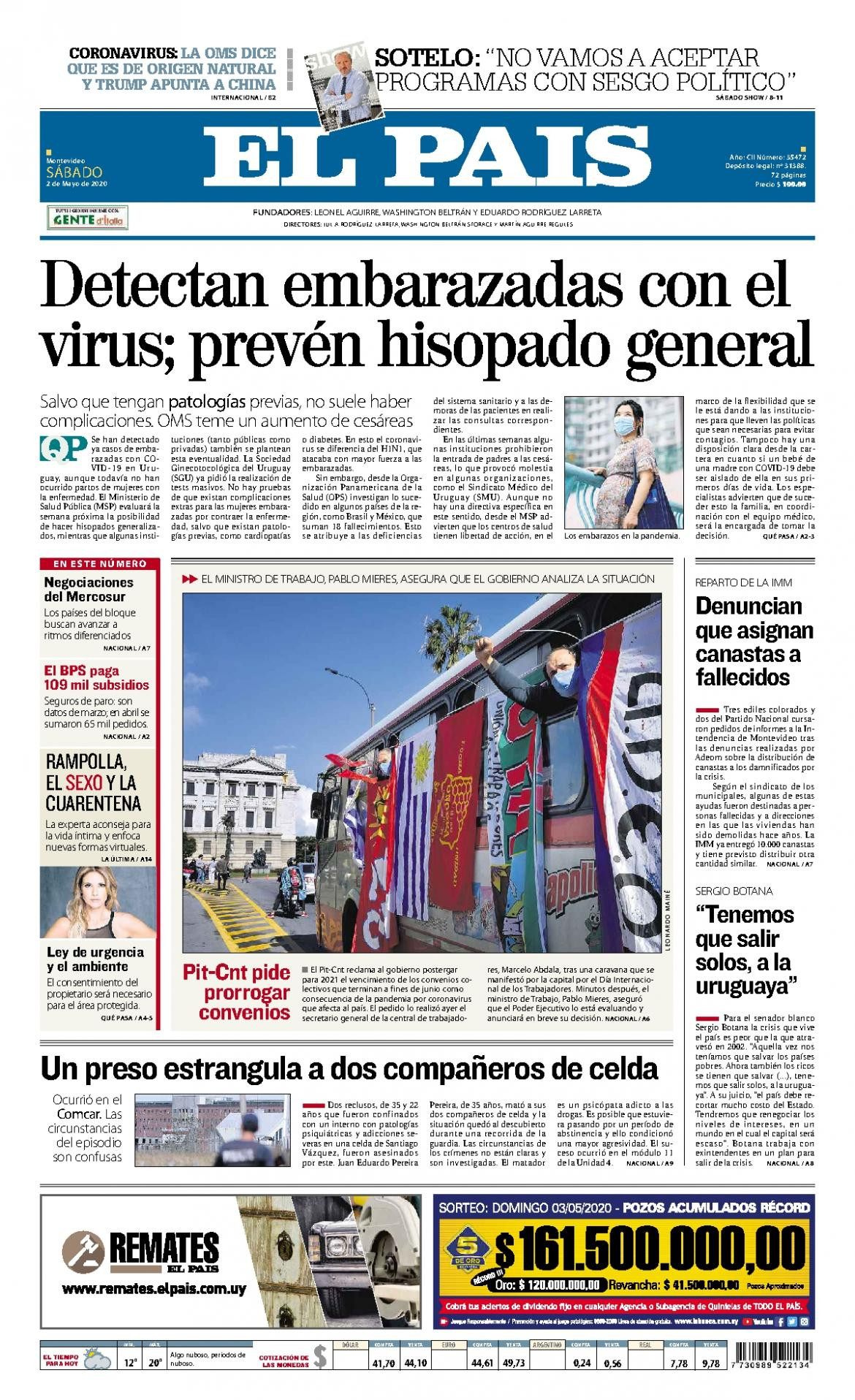 Tapas de diarios, El Pais de Uruguay, sábado 2 de mayo de 2020