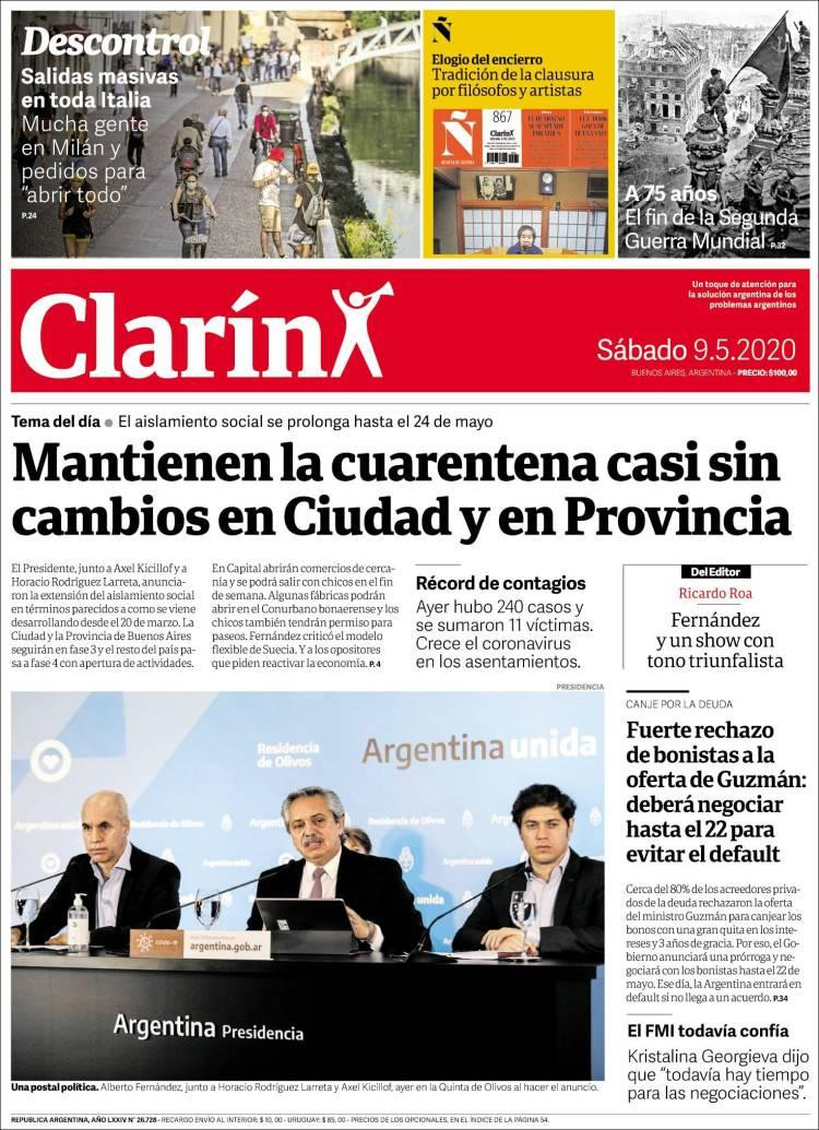 Tapas de diarios, Clarin, sábado 9 de mayo de 2020	