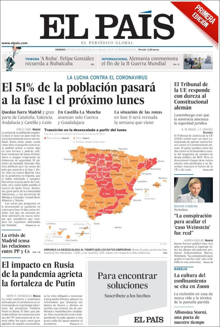 Tapas de diarios, El pais, sábado 9 de mayo de 2020	