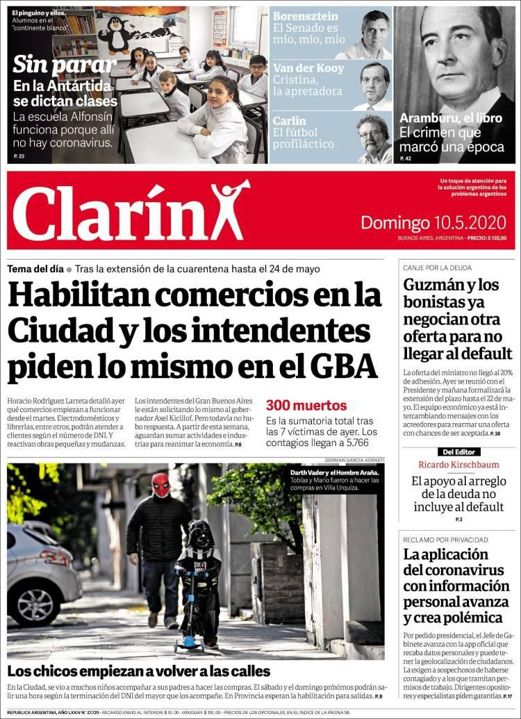 Tapa de diarios, Clarin, domingo 10 de mayo de 2020	