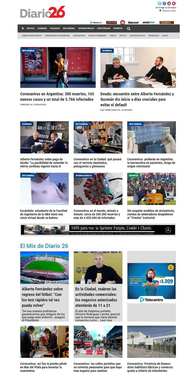 Tapa de diarios, Diario 26, domingo 10 de mayo de 2020	