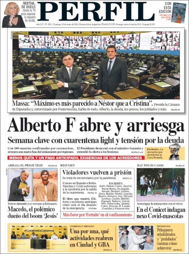 Tapa de diarios, Perfil, domingo 10 de mayo de 2020	