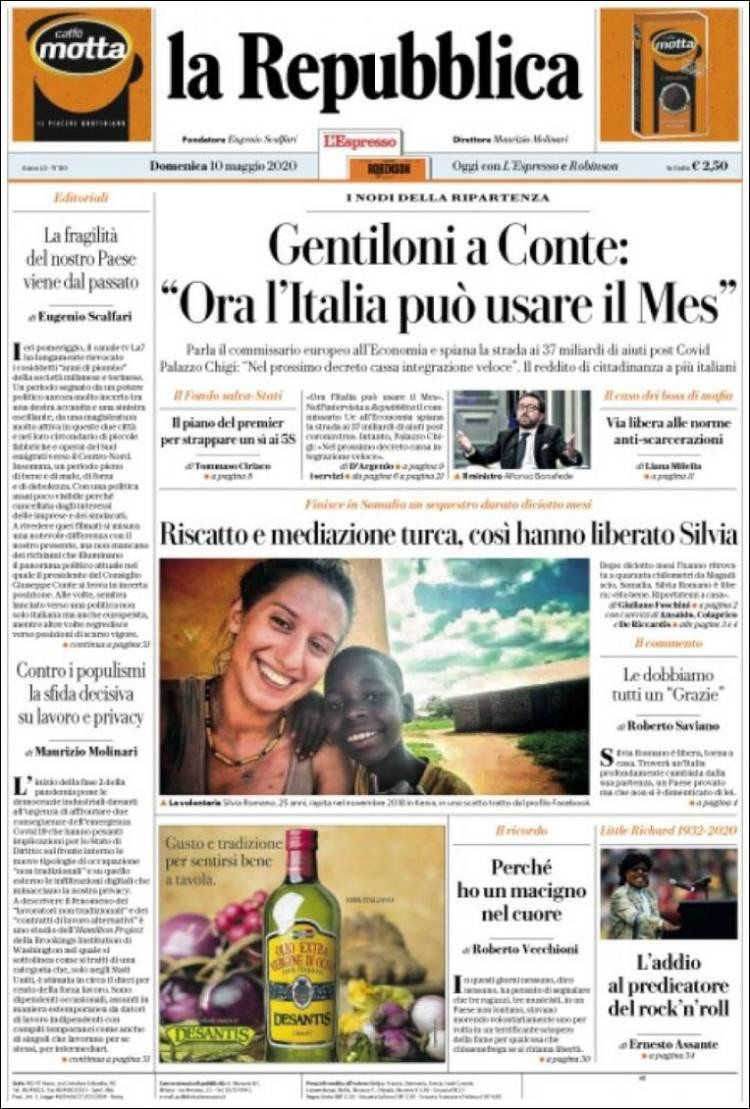 Tapa de diarios, La Repubblica, domingo 10 de mayo de 2020	