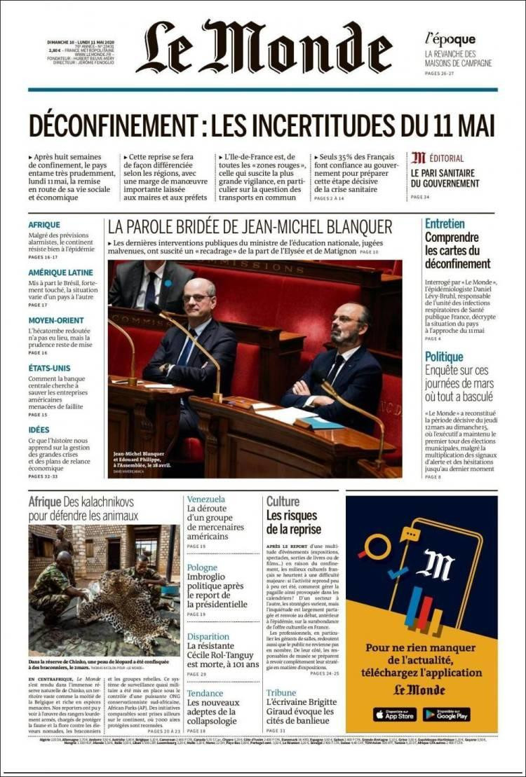 Tapas de diarios, Le Monde, lunes 11 de mayo de 2020