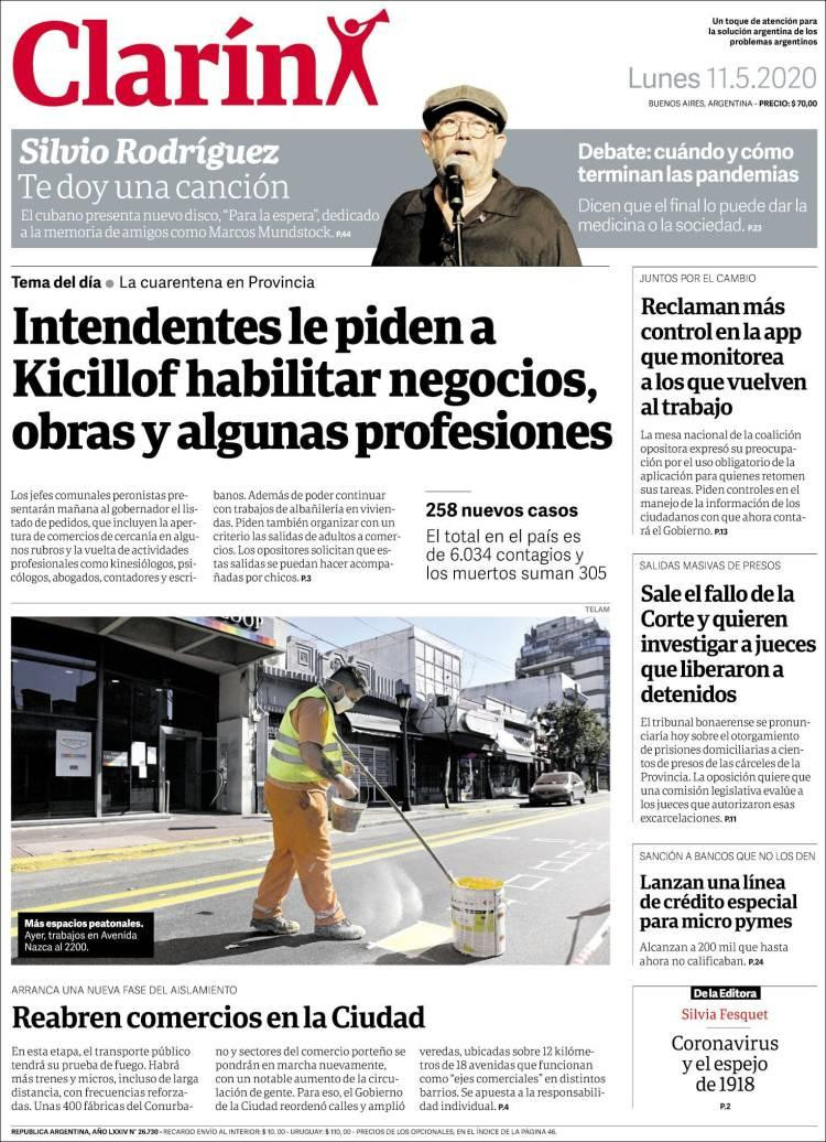 Tapas de diarios, Clarín, lunes 11 de mayo de 2020