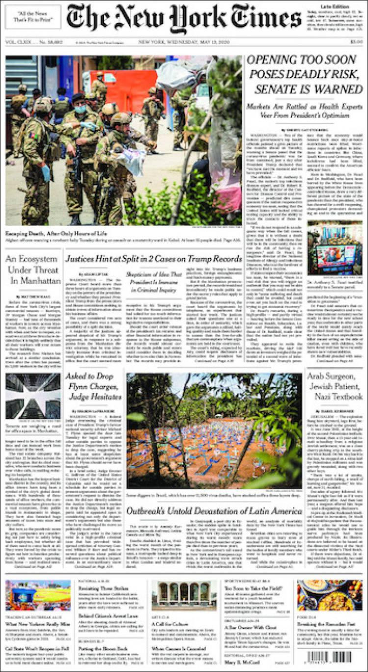 Tapas de diarios, New York Times, miércoles 13 de mayo de 2020