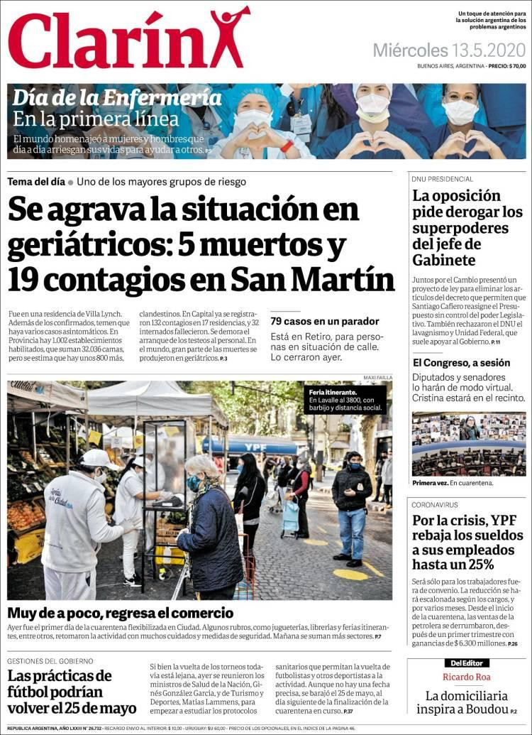 Tapas de diarios, Clarín, miércoles 13 de mayo de 2020