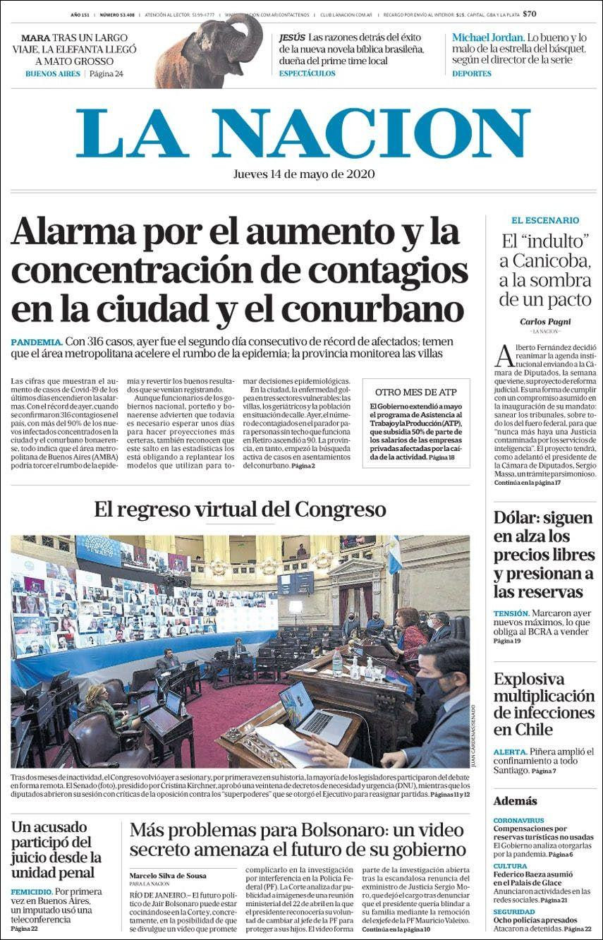 Tapas de diarios, La Nación, jueves 14 de mayo de 2020