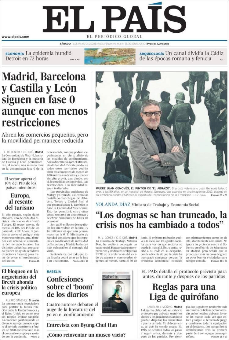 Tapas de diarios, El País, sábado 16 de mayo de 2020