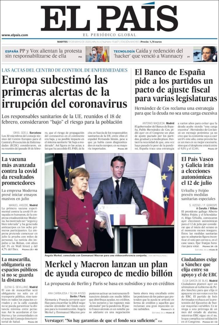 Tapas de diarios, El País, martes 19 de mayo de 2020