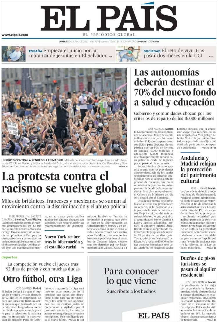 Tapas de diarios, El País, lunes 8 de junio de 2020