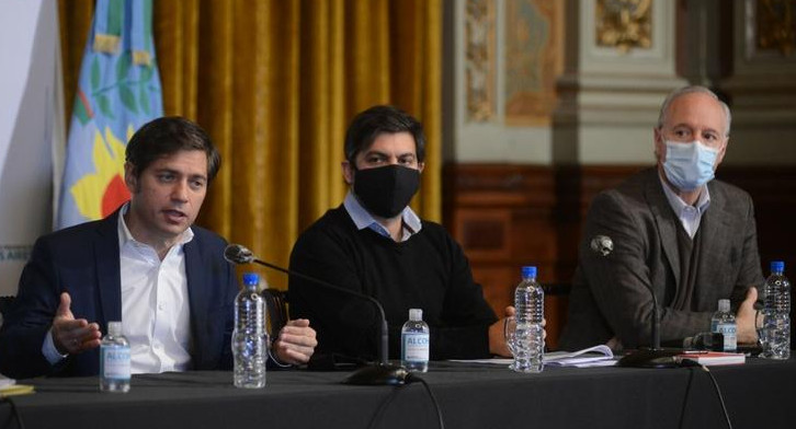 El gobernador bonarense, Axel Kicillof; el jefe de Gabinete, Carlos Bianco, y el ministro de Salud, Daniel Gollán, coronavirus en Provincia