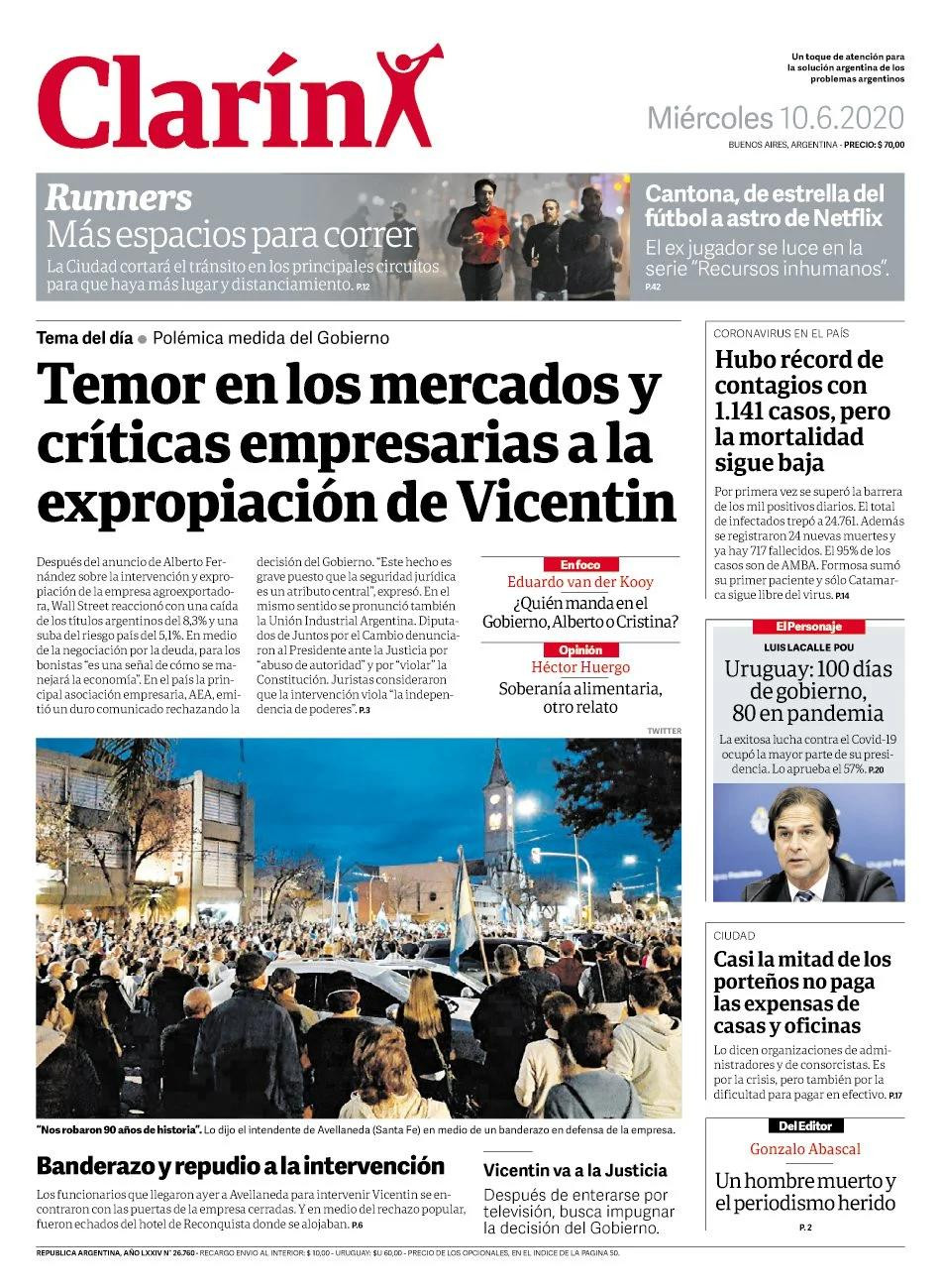 Tapas de diarios, Clarin, miércoles 10 de junio de 2020	