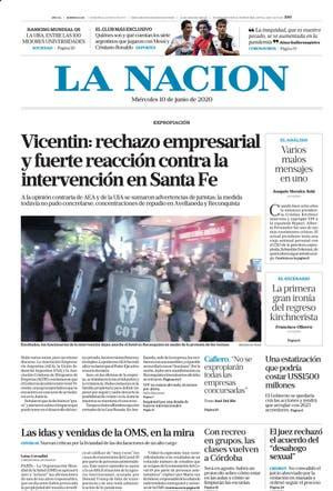 Tapas de diarios, La nacion, miércoles 10 de junio de 2020	