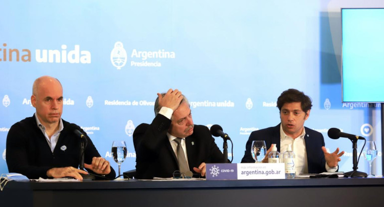 Alberto Fernández, Rodríguez Larreta y Axel Kicillof, anuncio sobre cuarentena, Agencia NA