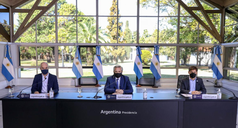 Alberto Fernández, Horacio Rodríguez Larreta, Axel Kicillof, anuncio de cuarentena en Quinta de Olivos, NA