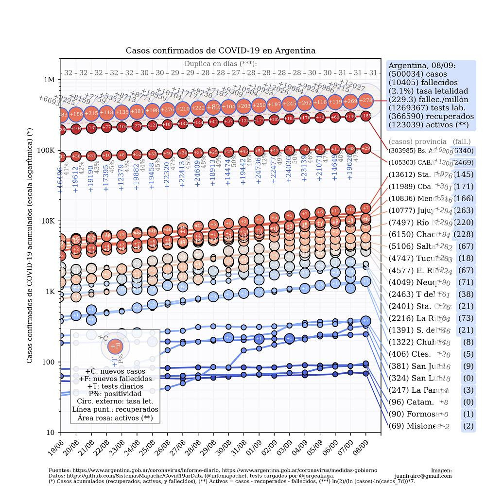 Curva de casos en Argentina actualizada con los reportes matutinos y vespertinos, @TotinFraire - 8-9-2020	