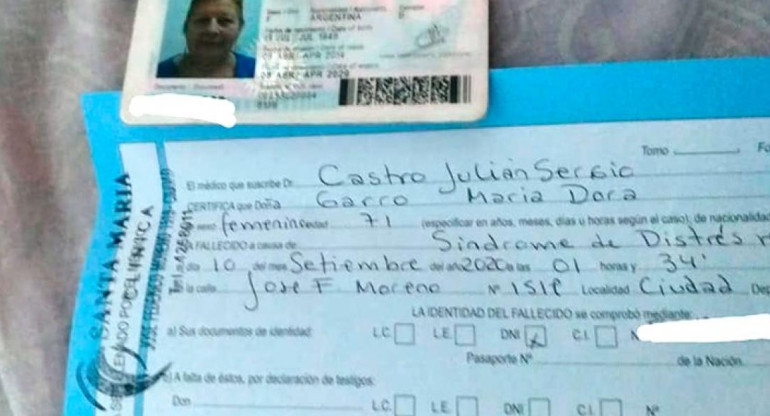 DNI de la señora que dio por muerta el hospital de Mendoza